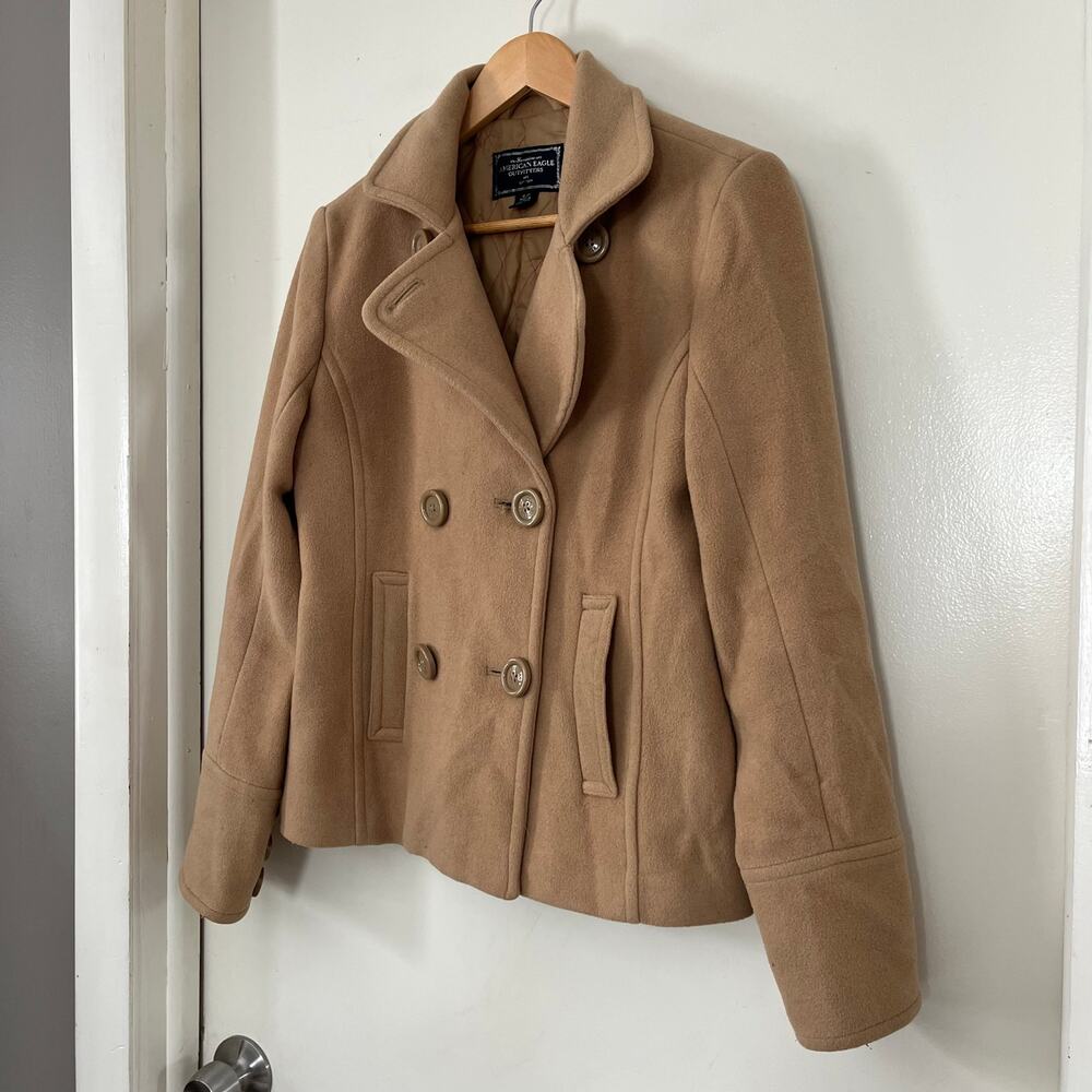 American Eagle Women's Small Pea Coat Wool Blend Beige Jacket Capsule Wardrobe - Picture 2 of 4